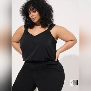 Torrid Plus Size 2X Studio Crepe de Chine Lace Trim Button Front Tank – Black